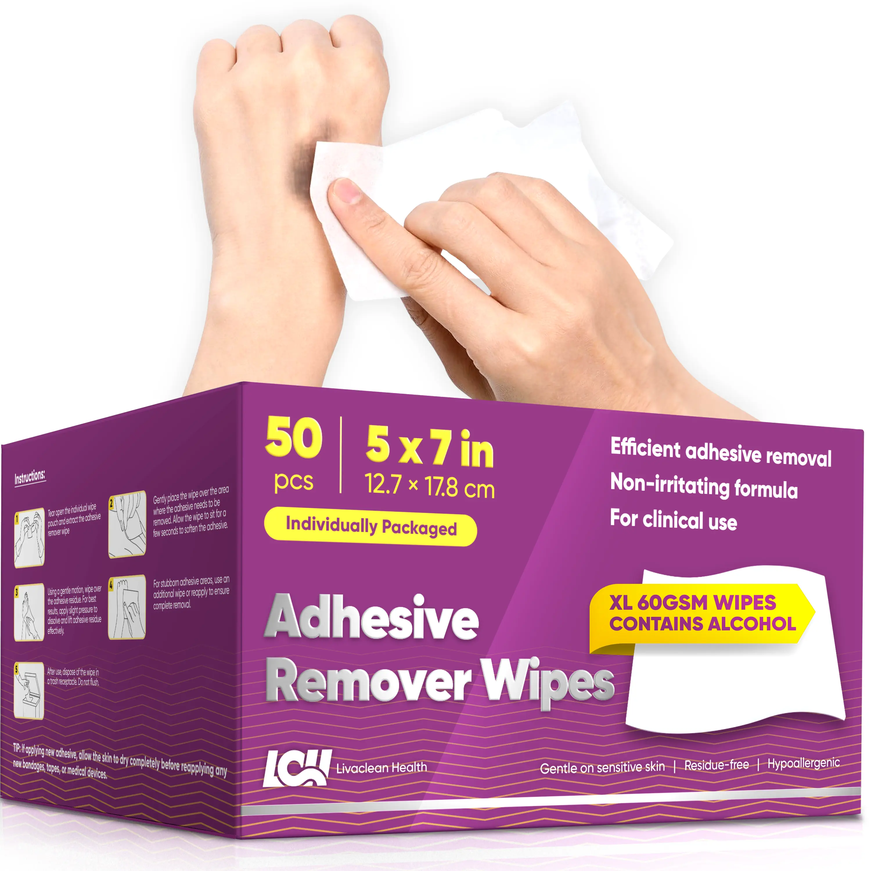 LivaClean Adhesive Remover Wipes, 50 CT Box, 5x7in (12.7x17.8cm), Sting-Free Gentle for Sensitive Skin, Medical-Grade for Bandage Tape, Dressings, Ostomy Residue, Ostomy Bag, Teenagers