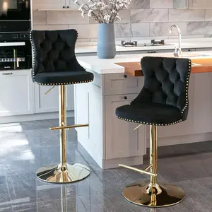Swivel Bar Stools Set of 2, Adjustable Counter Height Velvet Upholstered Barstools with Nailheads Trim, Button Tufted Back and Silver Footrest, Bar Chairs for Dining Room Home Bar Kitchen