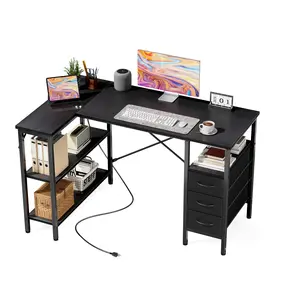 47" L Shaped Desk with Charging Station & Drawers, Corner Computer Desk with Adjustable Shelves for Home Office Gaming