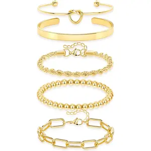 Gold Bracelets for Women Non Tarnish Gold Plated, Chunky Cuff Bangle Set with Cuban Rope Paperclip Beaded Designs, Adjustable Stackable Jewelry Gift