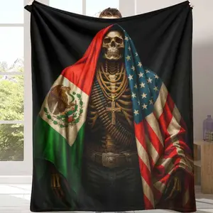 Skeleton Flannel Blanket USA Mexico Flag Print Soft Cozy Warm Lightweight AntiPilling AntiWrinkle Perfect for Sofa Bed Travel Home Decor Memorial Day Gift Patriotic Events