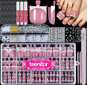 Teenitor Square Toe Nail Press Ons, 150pcs French Tip Press on Toenails with Nail Glue, Thick Toe Press on Nails Fake Toe Nails for Women, 15 Sizes Toe Nails Glue on with Nail Charms for DIY