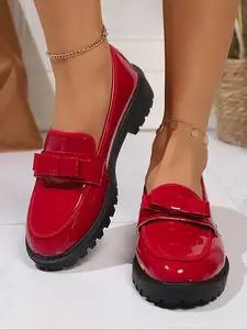 Women's Fashionable Red Color Round Toe Loafers, Pu Leather Loafers, Casual Versatile Chain Decorated Platform Shoes for Daily Wear, Lightweight Breathable Comfortable Shoes for Daily Wear, Footwear