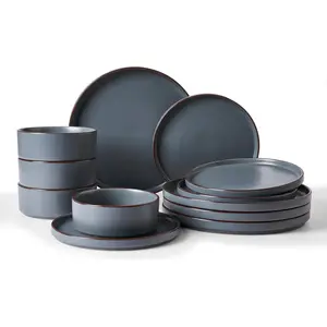 Nebula Ridge Stoneware Dinnerware Sets, Plates and Bowls Sets for 4, 12 Pieces Dishes Set, Microwave and Dishwasher Safe Kitchen Plates, Charcoal