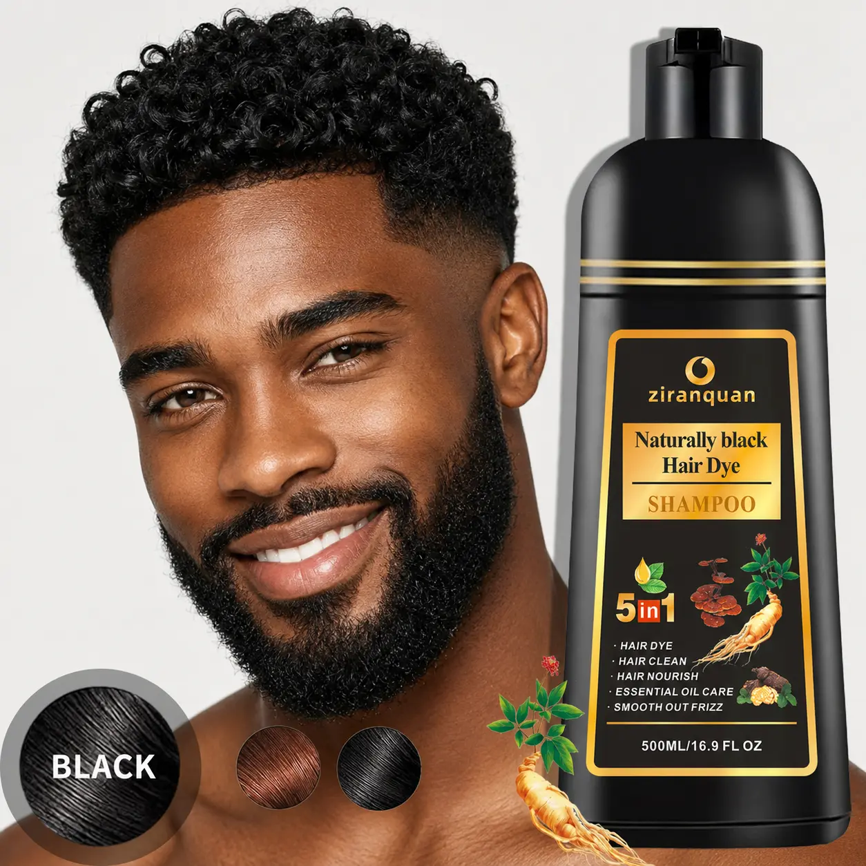Natural Black Hair Dye Shampoo 500ml 16.9 fl oz, Instant Gray Hair Coverage for Women Men, 5 in 1 Natural Hair Color Shampoo, Ammonia-Free Paraben-Free Vegan, Infused with Organic Ginseng & Ginger, Easy 10 Min At-Home Root Touch Up Depositing Shampoo