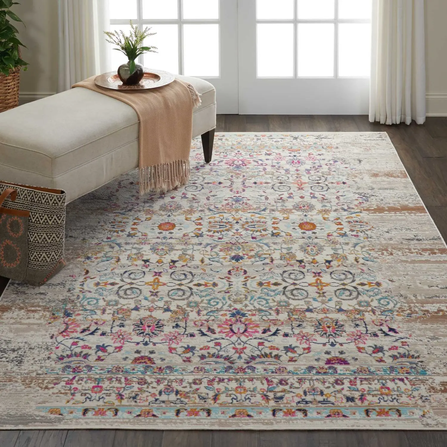 Nourison Vintage Kashan Floral Print Rug - Traditional, Distressed, Low-Cut Pile, Indoor Decor Carpet with Herati Motifs, Ornate Herati, Persian Border