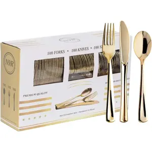 300PCS Gold Plastic Silverware, Heavy Duty Gold Plastic Cutlery Set Disposable Flatware Dinnerware, 100 Forks, 100 Spoons, 100 Knives, Perfect for Party, Wedding and Daily Use Gold-160Pack
