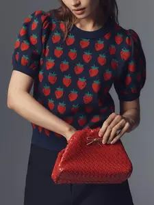 Spring Summer New Strawberry Jacquard Cute Design Casual Elegant Daily Commute Short Round Neck Fitted Pullover Sweater Knit Top Womenswear for Women