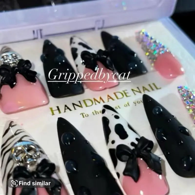 Black and white rhinestone  hand painted press on nails / gems may vary