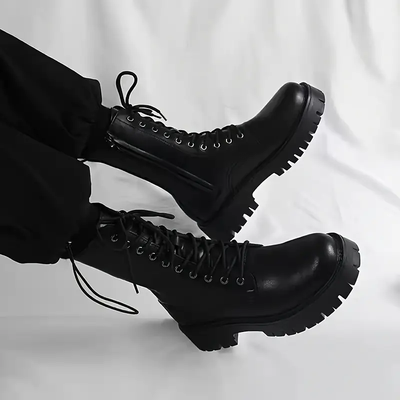 Men's Classic Casual Lace-Up Ankle Boots - Solid Color Round Toe, PU Leather Synthetic Upper, Rubber Sole Footwear for Daily Wear, Chic Ankle Height Shoes, All Seasons
