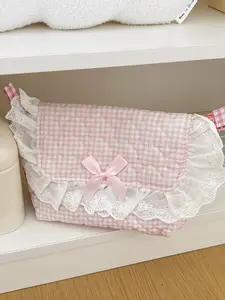 Cute Pink Gingham Quilted Cosmetic Bag, Vanity Bag Organizer, Lace Ruffle Bow Makeup Organizer, Large Capacity Travel Toiletry Pouch, Cosmetics Bag, Travel Cosmetic Bags, Toiletries Organizer for Girls