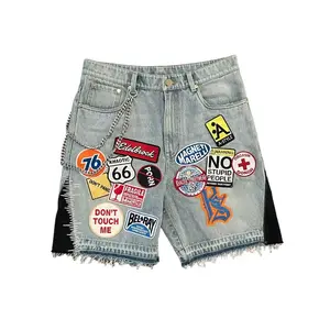2025 Streetwear Retro Patchwork Denim Shorts Y2K Jeans Cartoon Embroidery Baggy Shorts Low Waist Over The Knee Pants Casual Shorts