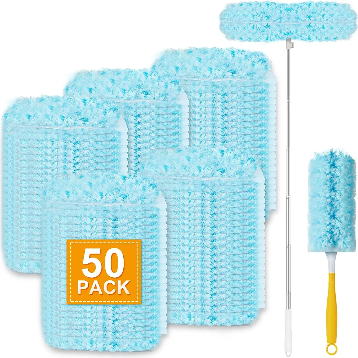 50PCS Duster Refill Kit Compatible with Swiffer Hand Duster, 4FT Extendable Handle, 360° Heavy Duty for Ceiling Fans & Blinds