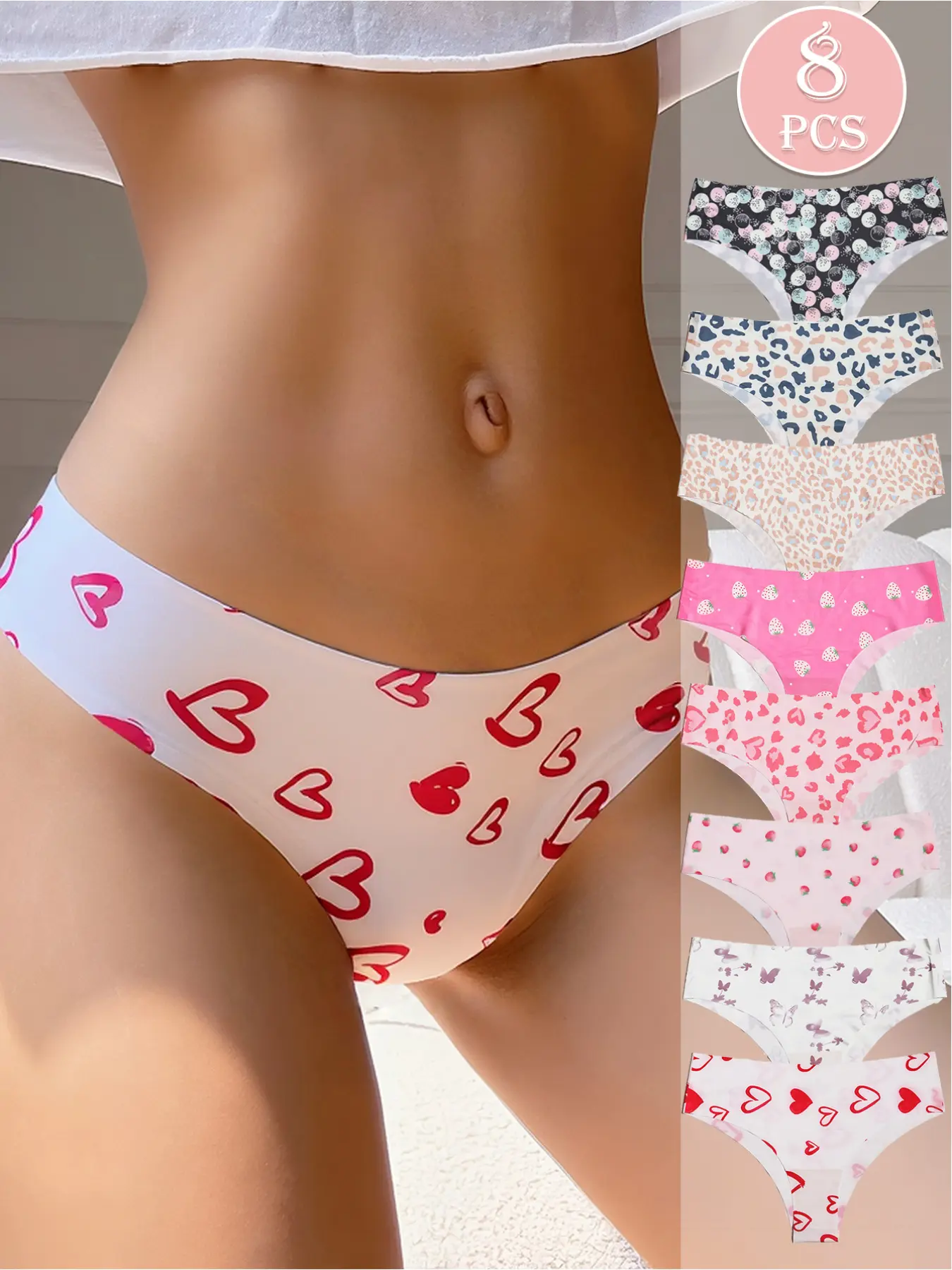 8-piece set of women's seamless low-rise panties, Underwear sets, Seamless undergarment, seamless and invisible, with 8 kinds of prints (butterfly/leopard print). Blended with nylon and spandex, providing bare-skin comfort. Suitable for daily wear