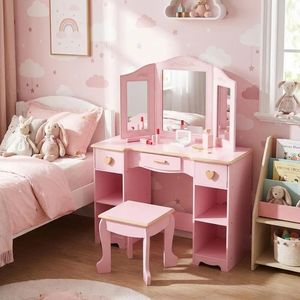Garvee Pink Wooden Foldable Toddler Girls' Vanity Desk and Chair Set (Ages 3-9) - Tri-Fold Mirrored Bedroom Dressing Station with 3 Spacious Drawers, Large Open Shelves, Princess Theme for Imaginative Play, Vanity Organization & Storage