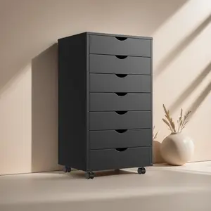 7-Drawer Chest, Wood Storage Dresser file Cabinet with Wheels, Mobile Dresser for Home Office, Black 7 Drawer Chest Wood File Cabinet Rolling Storage Dresser with Wheels for Home Office Storage Cabinet Dressers with Wheels Mobile Organizer Drawers for Off