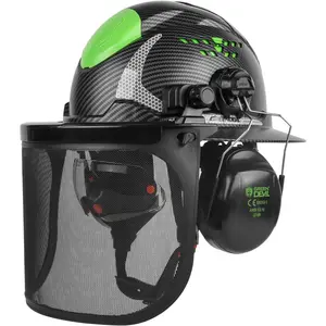 Unisex 4-in-1 HDPE Plastic Forestry Chainsaw Helmet, Full Brim Hard Hat with Face Shield, Built-in Visor, Ear Muffs, Sliding Vents, Adjustable Ventilated Safety Headgear for Arborist Logging
