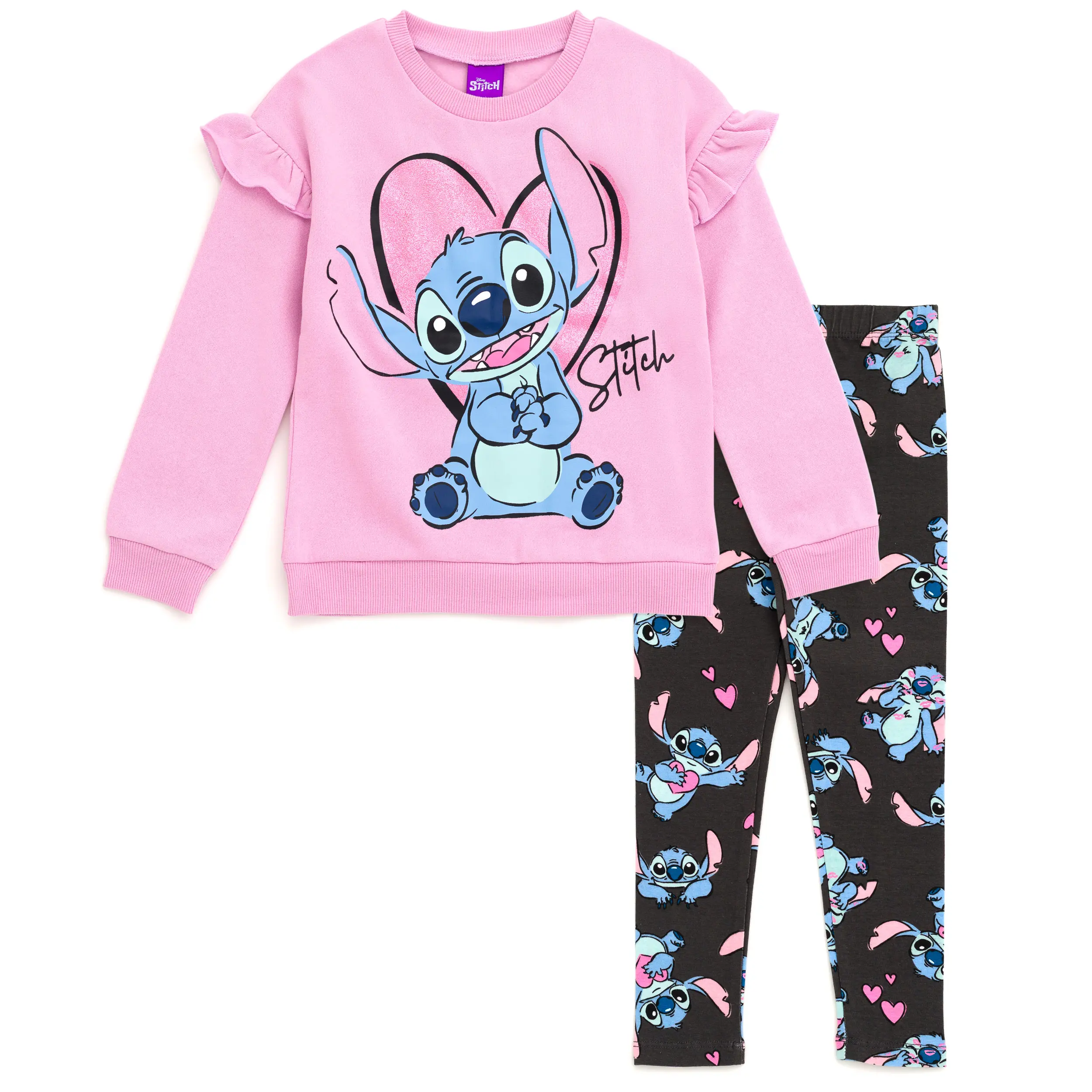 Disney Girls' Lilo & Stitch Fleece Outfit Set, Drop Shoulder Graphic Pullover with Glitter Heart and Printed Leggings, Elastic Waistband, Fleece Fabric, Kids Clothing Girls, Ruffled Sleeves, 2-Piece Set, 4 - 5 Years, Sparkle Detail, Cozy Warm, Pullover Cr