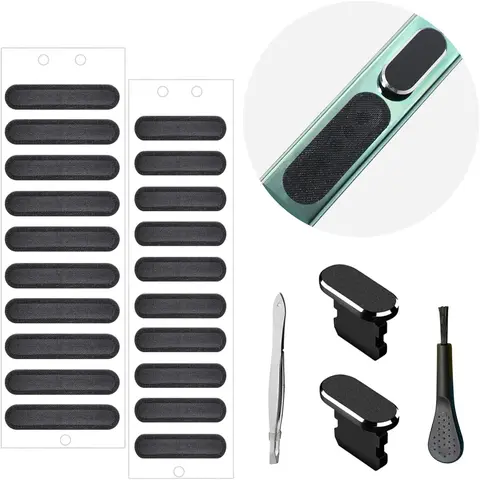 Black Phone Anti-Dust Protection Set - Dustproof Mesh Stickers with Adhesive Covers, Metal Plugs, Port Cleaning Brushes, Tweezers, Phone Accessories for iPhone 14,13,12 Pro Max,11 Users