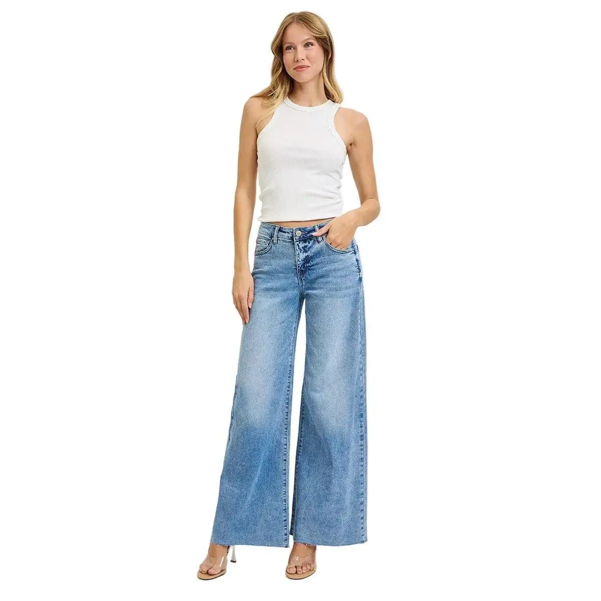 Slat Tree Women's Statement Palazzo Jeans - High-Rise, Ankle Length Light Washed Cotton Blend with Tummy Control Waistband, Washed Jeans, Tall Girl Friendly, Denim Pants, Ankle Jeans, Comfy Ootd, Curvy Fit Jeans
