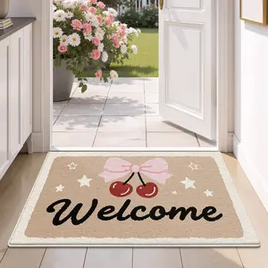 1PC-Butterfly Bow Door Mat Area Rug Welcome Mat, Cashmere Material, Filled and Thickened, Girl-Cute, Cherry, Comfortable and Soft, Casual Style, Machine Washable, Suitable for Kitchen, Bathroom, Dining Room, Corridor, Hallway