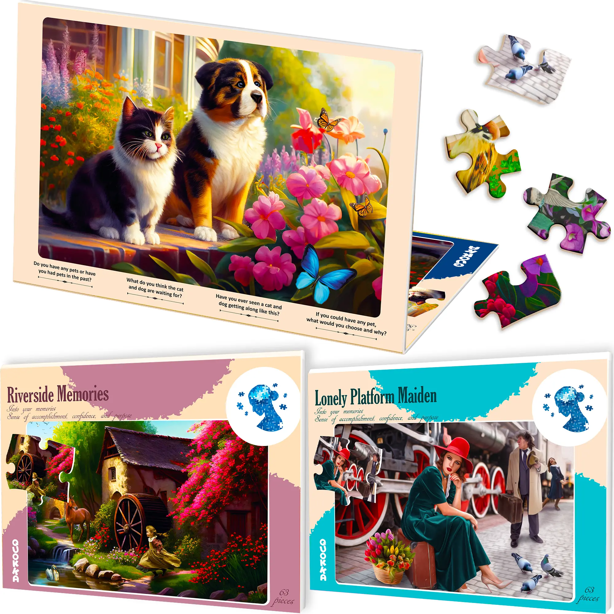 QUOKKA 3-Set 63-Piece Jigsaw Puzzles for Adults with Dementia - Senior Toys with Riverside, Cat, Platform Designs, Pieces Jigsaw Puzzle, Pieces Jigsaw Puzzles