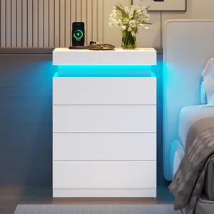 ADORNEVE Black Nightstand with Drawers, LED Lights, Sliding Top and Charging Station, Tall Modern Indoor Furniture Bedside End Table for Bedroom