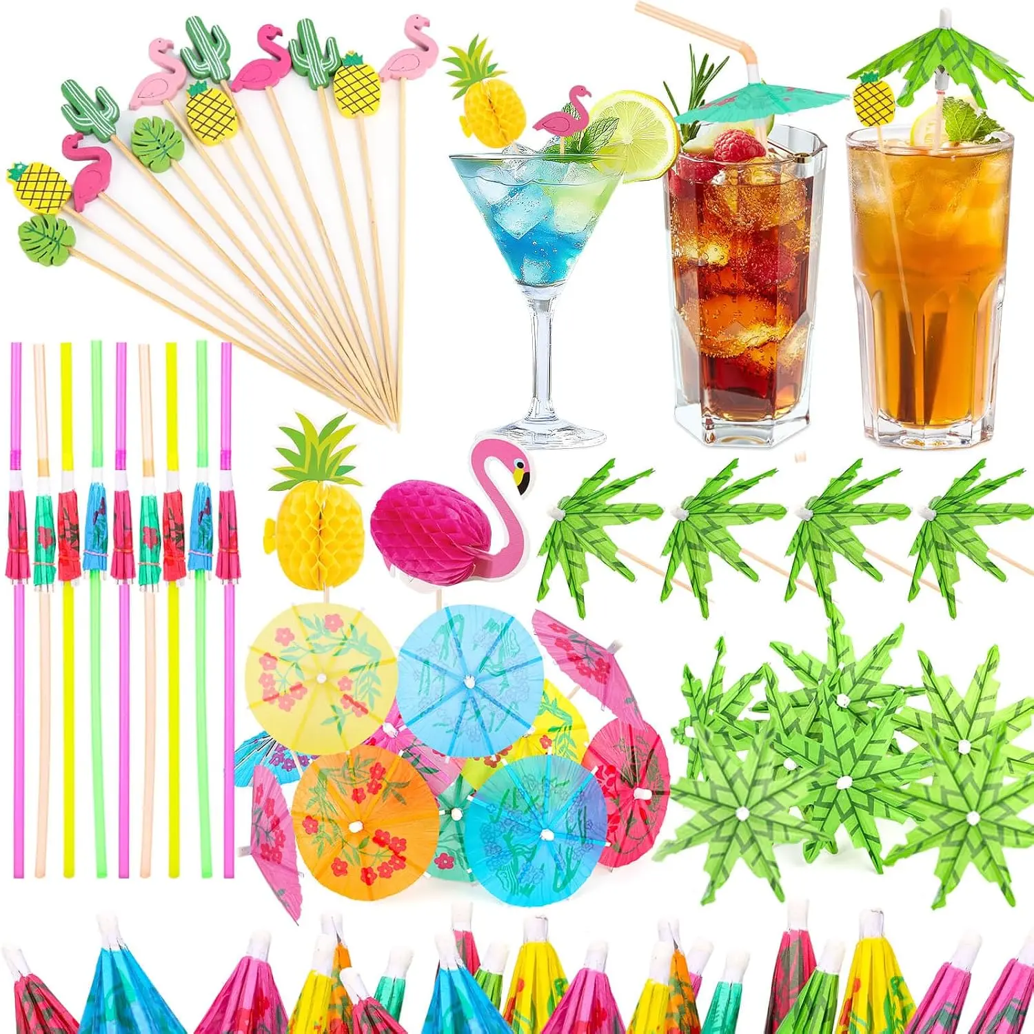 180 PCS Plastic & Bamboo Drink Umbrellas - Transparent Flexible Bar Utensils, Cocktail Straws & Toothpick Picks, Tropical Hawaiian Luau Party Decorations for Aloha Drinks & Appetizers, Set