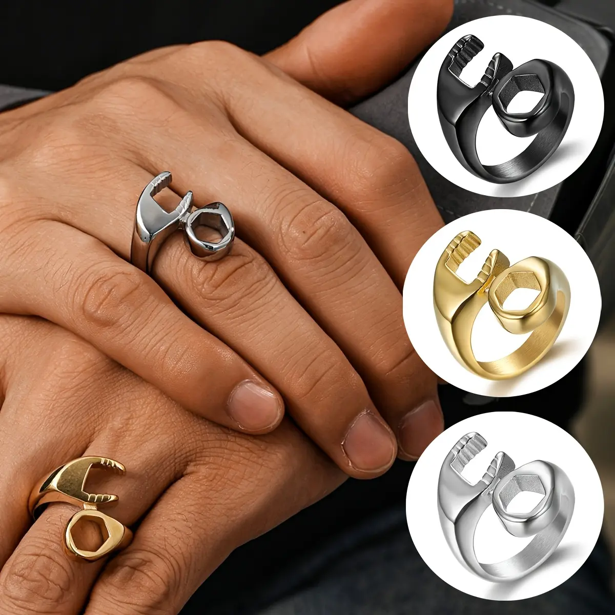 Men's Adjustable Stainless Steel Wrench-Shaped Geometric Retro Hip-Hop Motorcycle-Style Ring, Conversation-Starting Costume Jewelry for Parties, Adjustable Rings, Party Wear, Male, Wrench Form, Fashion