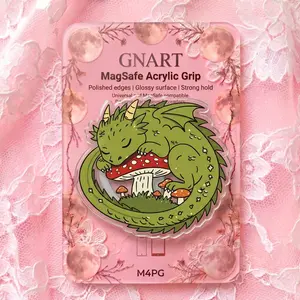 Cute Green Dragon Phone Grip - MagSafe Acrylic Magnetic Stand - Red Mushroom Fantasy Creature Holder Ring - Cottagecore Goblincore Aesthetic Gift
