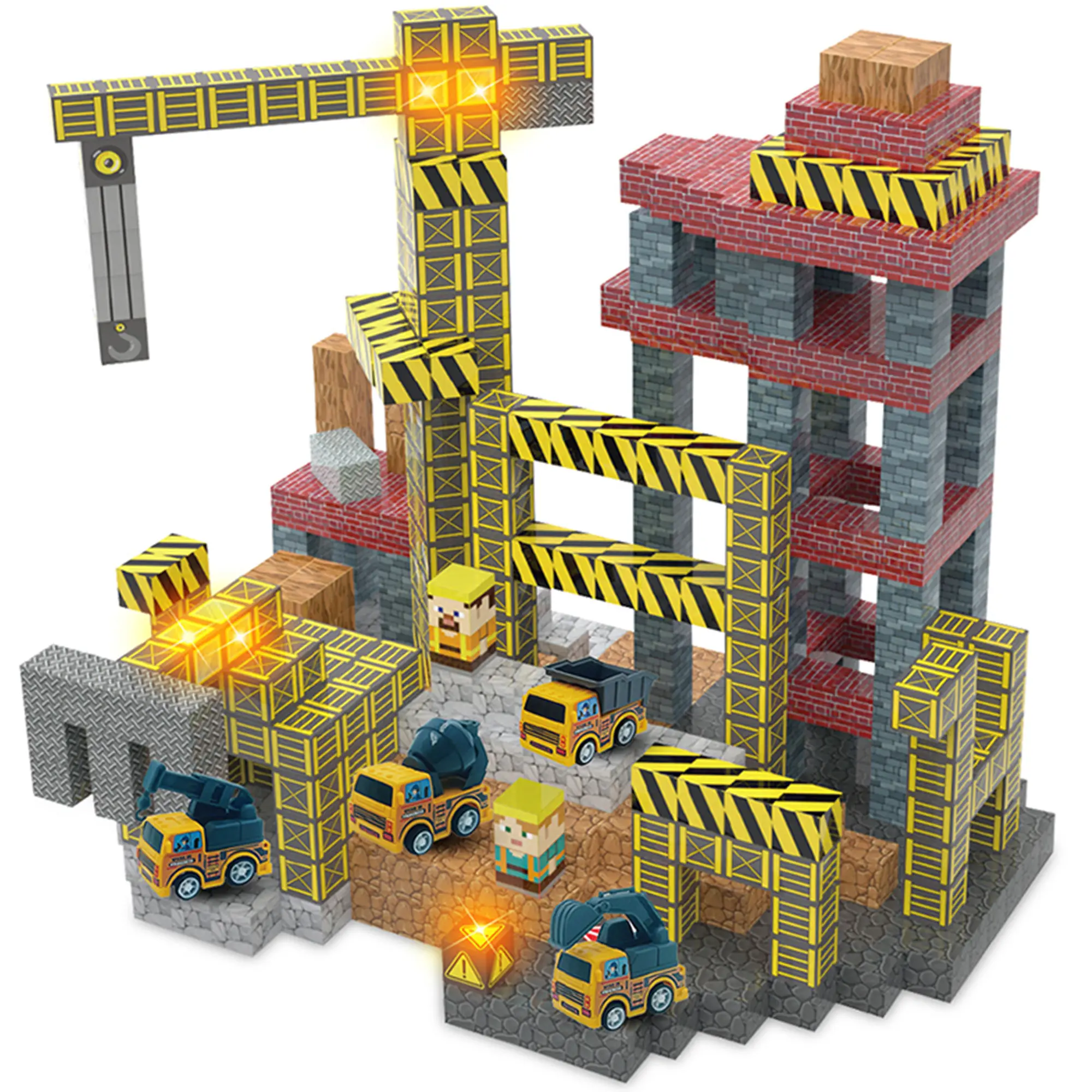 136-Pcs Engineering Magnetic Building Blocks Set with Light-Up Modules, 4 Toy Cars Included, Unisex DIY 3D Construction STEM Sensory Montessori Toy, Magnetic Building Tiles for Kids Halloween/Christmas Gifts