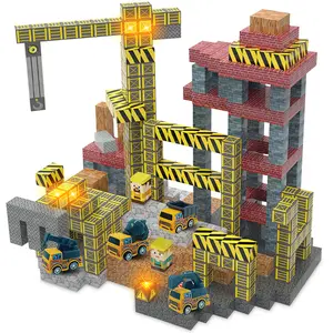 136-pcs Magnetic Building Blocks with Light-Up Modules, 4 toy cars included as a gift, Construction Engineering Set, DIY Kit, Montessori STEM Sensory Toys for Boys and Girls Halloween / Christmas Gifts for Kids