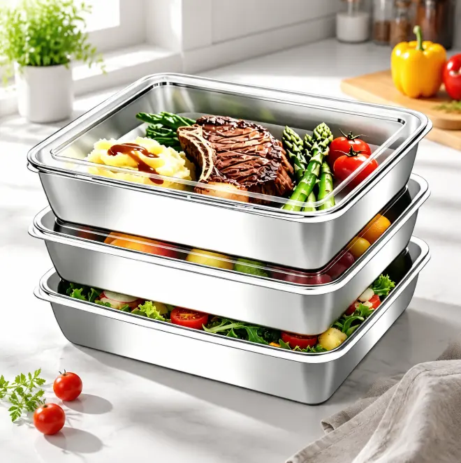 3&6 Pack Stainless Steel Food Storage Containers Clear Lids Reusable Meal Prep Trays Stackable Metal Lunch Box Freezer Safe Fruit Veggie Salad Storage Airtight Leakproof Refrigerator Organizer for Camping Picnic Daily Food Prep object