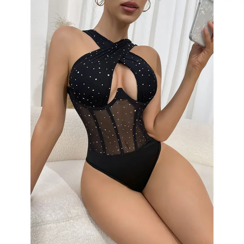 Women's Halter Bodysuit with Underwire Support, Sequin and Mesh Slimming Bodycon Top for Party Nightclub Wear, Bodysuits, Sleeveless, Sequins, Halter Neck, Slimming Cut