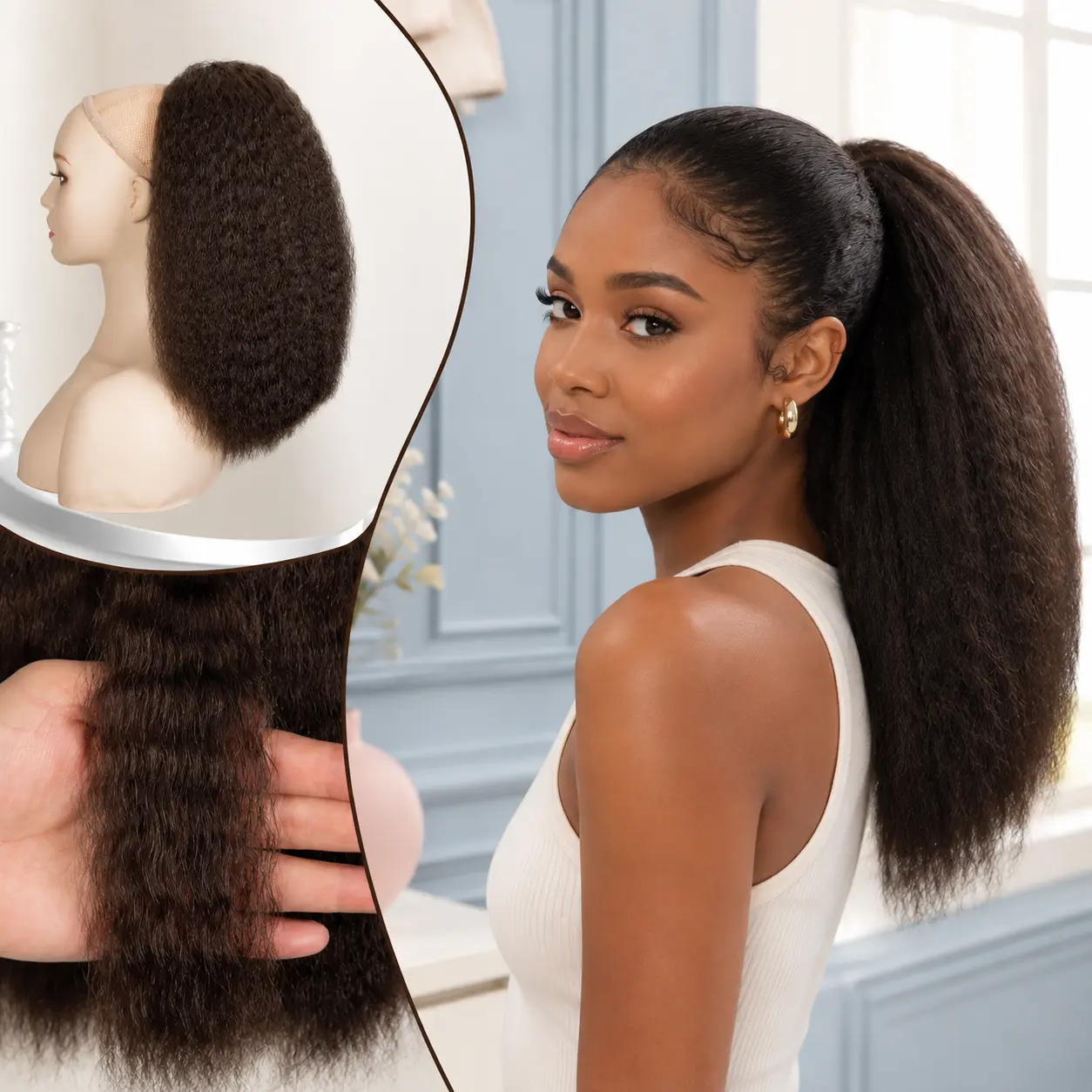 Kinky Straight Ponytail Extension for Black Women,16 Inch Yaki Drawstring Ponytail,Natural-Looking Thick Synthetic Hairpiece for Daily Wear