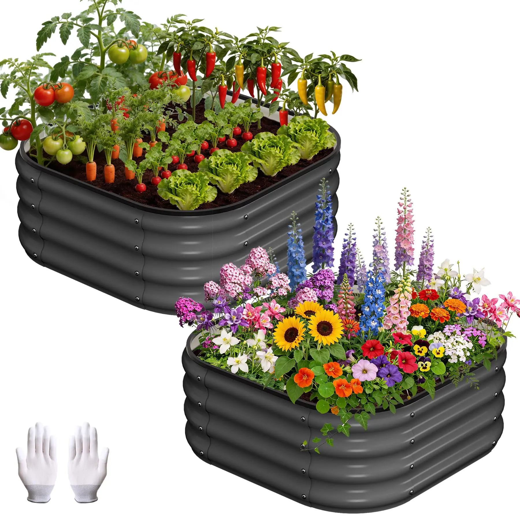 2-Pcs Heavy Duty Metal Raised Garden Beds - 2x2x1FT Square Planters with Round Corners, Open Bottom Compost Beds, Tool-Free Assembly for Vegetables, Herbs, Metal Exterior/Outdoor Landscape/Raised Flower Pots, Metal Exterior Flower Pots