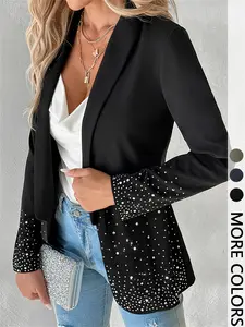 Women's Plain Long Sleeve Blazer Jacket, Elegant Water Drill Decoration, Stylish Business Casual Outerwear for Women