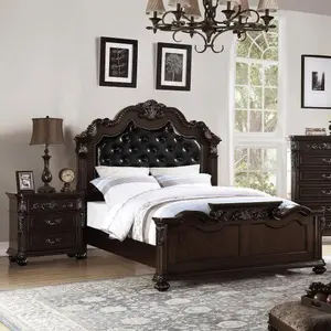 Bellemave Traditional Antique Cherry Queen Size Tufted Faux Leather Bed Frame with Headboard, 2 Nightstands - 3pc Indoor Bedroom Furniture Set
