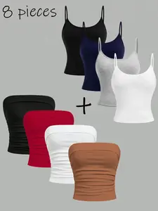 8-pack of Youth Solid Color Knit Tank Tops with Thin Shoulder Straps and Slip Dress Tops, Simple, Casual, Versatile, Slim, Suitable for All Seasons, for Gatherings, Outings, Traveling, Can Be Worn as Underwear or Outerwear