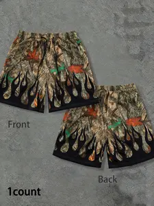 Men's Y2K Tree Camo Flame Print Mesh Shorts, Streetwear Drawstring Casual Shorts For Summer, Camouflage Shorts