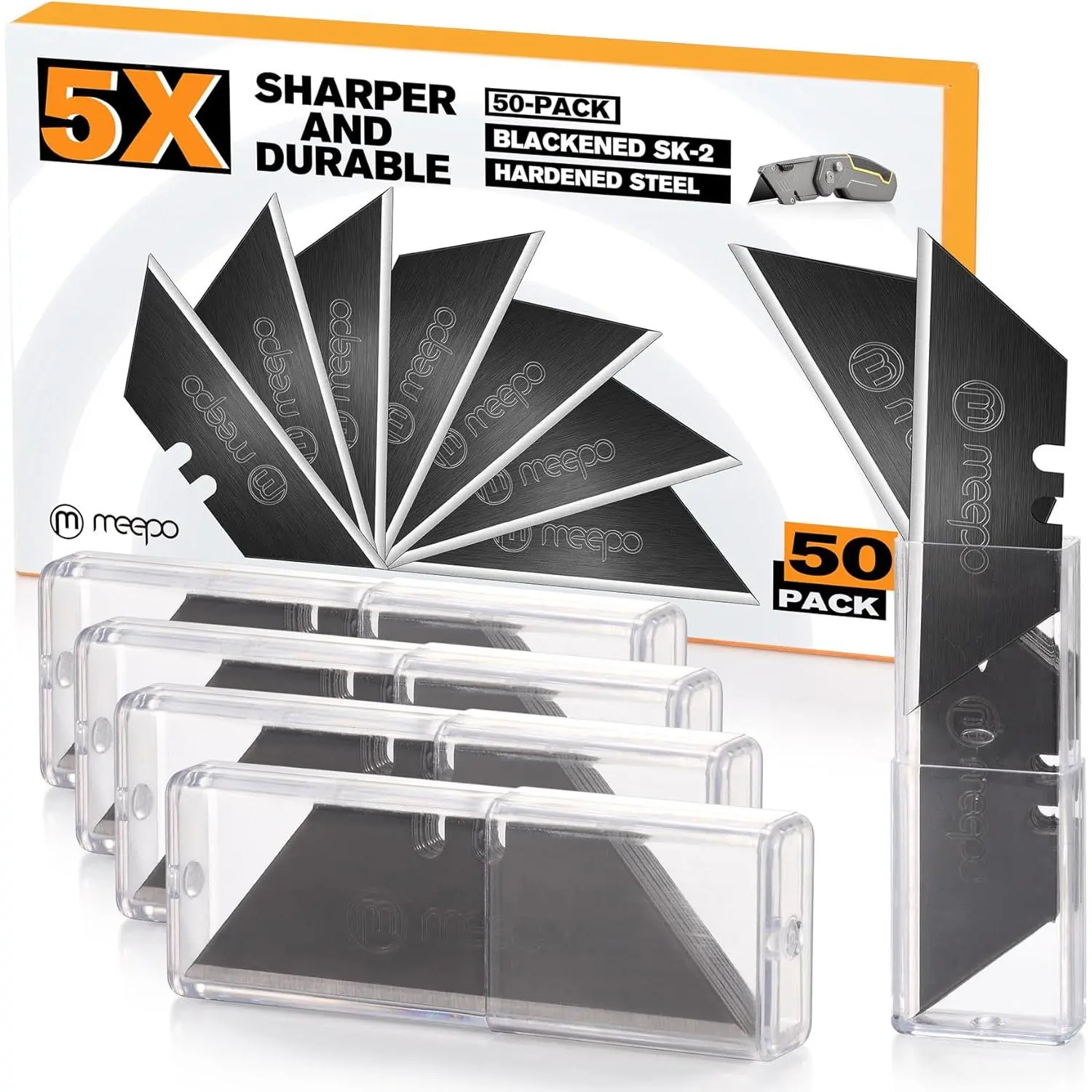 50-Pack Utility Knife Blades, Blackened SK-2 Razor Blades for Box Cutter Utility Knife, Never Rust Design, Extra Durable