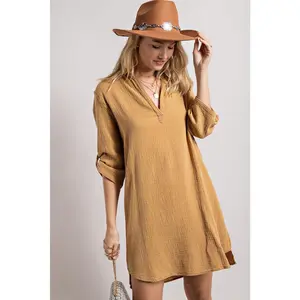 Women's Oversized Comfy Henley Collared Shirt Dress, Casual Fit
