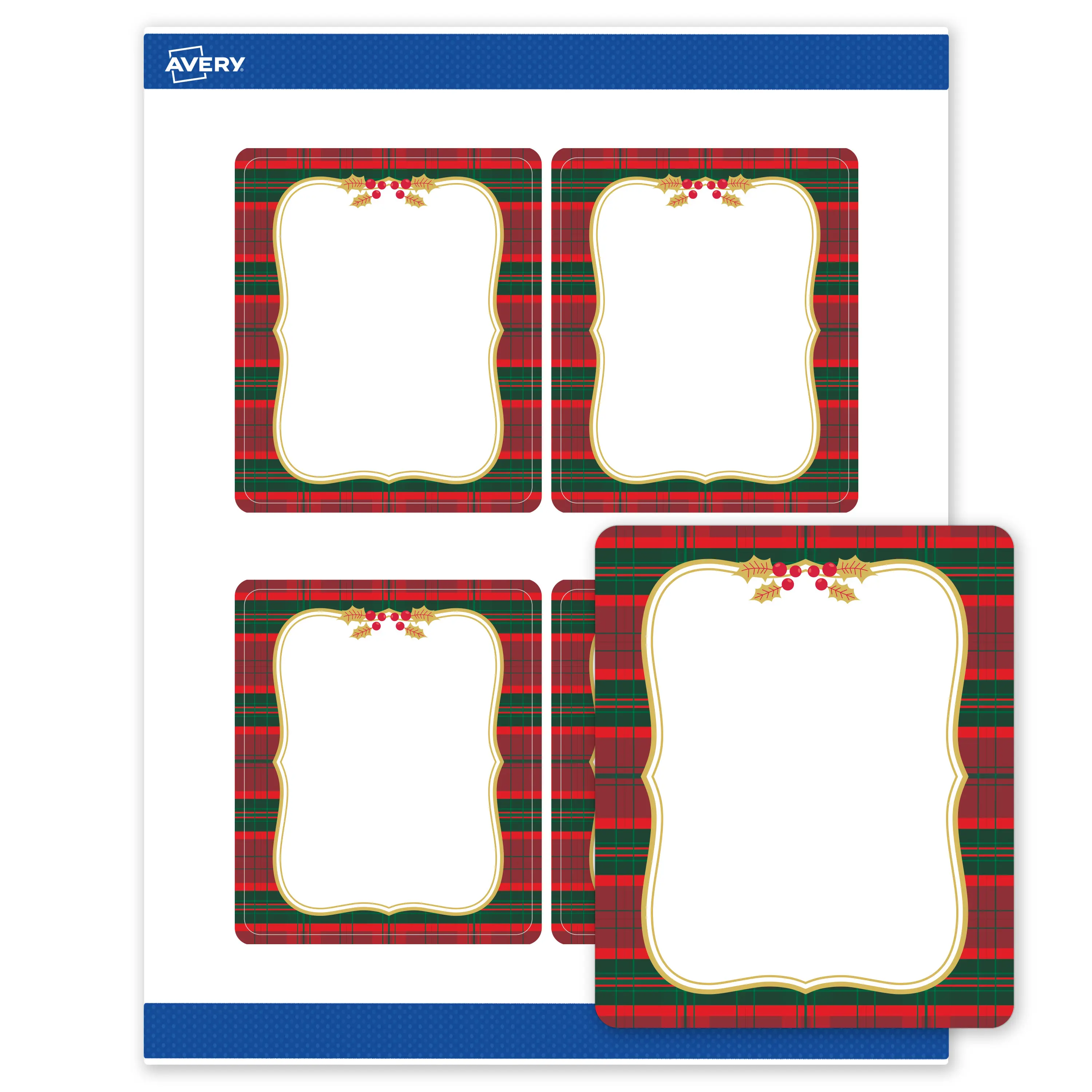 Avery® Printable Christmas Labels with Sure Feed® Technology, Rectangle, 4" x 3-1/3", Pre-Printed Red & Green Plaid with Metallic Gold Frame Design, Matte White, Laser & Inkjet Compatible, 40 Total