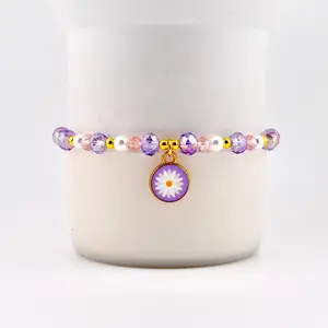 Pink and Purple Daisy Charm Bracelet with Gold Accents