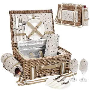 Picnic Basket for 2 with Blanket - Wicker Picnic Basket with Strap,Wine Bag | Willow Picnic Set for 2 Person with Insulated Cooler | Wicker Hamper with Cutlery Kit, Beige