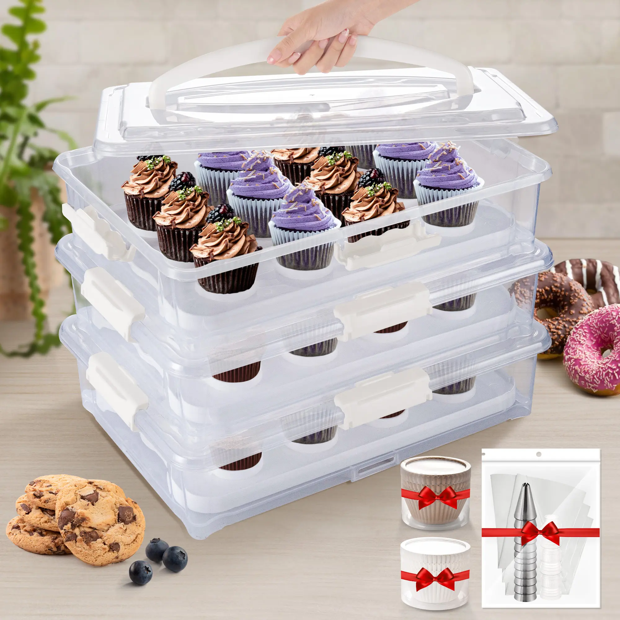 3-tiers Cupcake Carrier with Flexible Design- Protective Food Container Cupcake Holder and Cake Transport Container that Holds up to 36 Cupcakes or 3 Large Cakes - BPA-Free,  Sturdy Bakeware Great for Parties & Festivals (White/Pink)