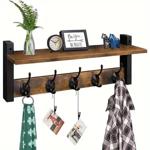 Vintage Wall-Mounted Coat Rack with Hooks, Shelves & Decorative Items - Recycled Wood Entryway Organizer for Keys, Towels, Clothes - Space-Saving Home Decor for Living Room, Kitchen, Bathroom Storage, Rustic Aesthetic, Decoration, Wall Mount Design