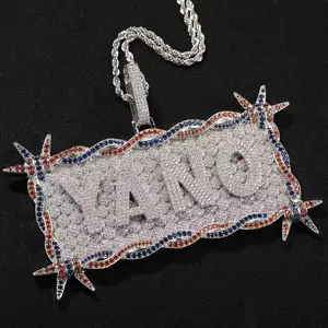 [ICE HUE]18K Gold Vacuum Plated Copper with 5A+ Sri Lanka Zircon Thorns Rectangular Military Brand Custom Letters DIY Pendant with Necklace Miami Italy Mexico & Micro Inspired for Women & Men Luxury Jewelry,Daily Wear,Casual Fashion,Gift