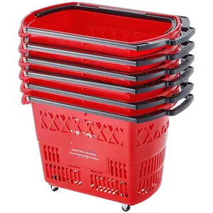 Plastic Rolling Shopping Trolley Basket On Wheels, 6-Piece Set, 39 Liter Capacity, With Handle, Red, Durable Lightweight Utility Cart For Groceries, Markets, Home Use, Laundry, And Travel