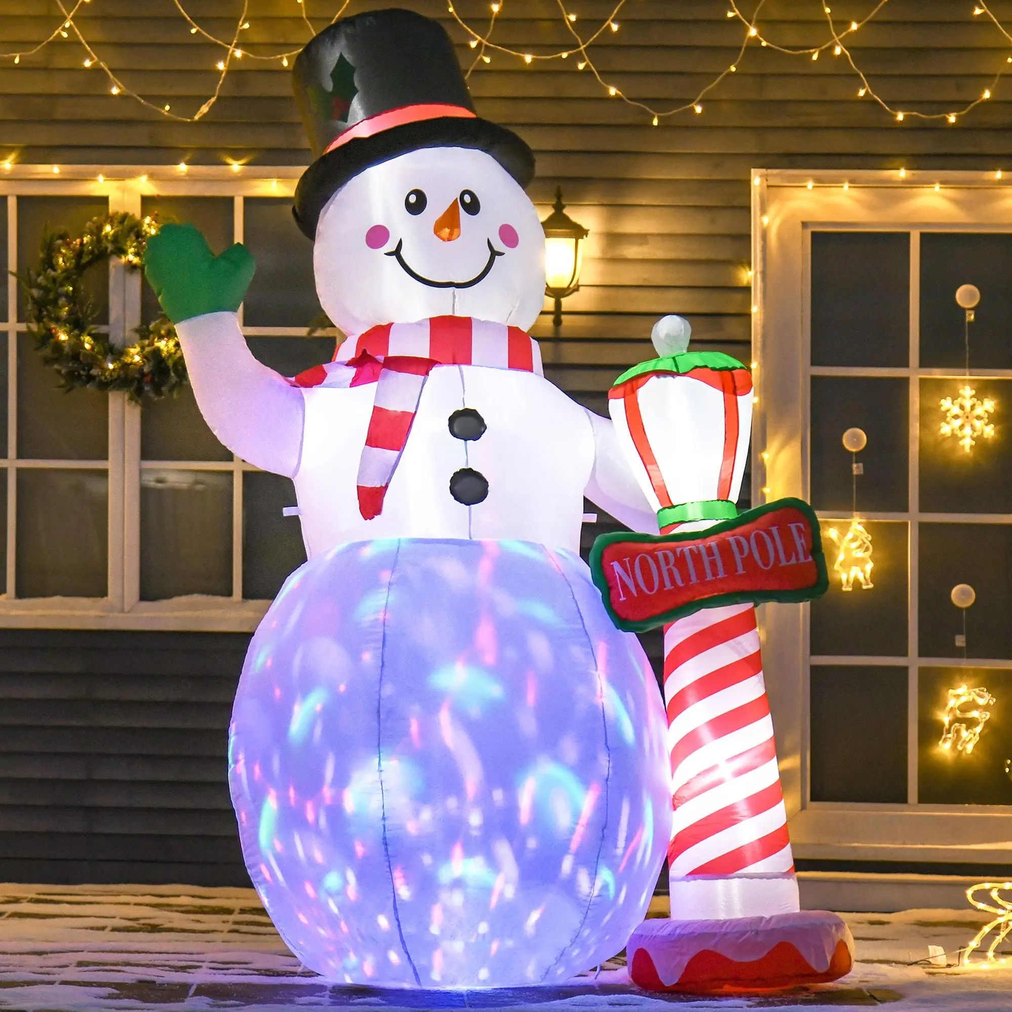 HOMCOM Christmas Inflatables Outdoor Decorations Snowman with North Pole Sign, Blow-Up Yard Christmas Decor with LED Rotating Colorful Lights Display
